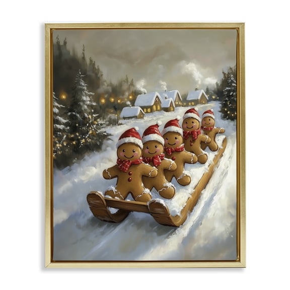 Stupell Industries Gingerbread Snow Day Sledding Gold Framed Floater Canvas Wall Art, design by Arlington Prints
