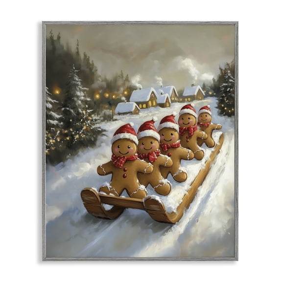 Stupell Industries Gingerbread Snow Day Sledding Gray Framed Giclee Art, design by Arlington Prints