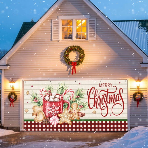 Gingerbread Snowflake Xmas Tree Christmas Garage Door Decorations, 6.9x8ft Garage Door Cover Banner with Grommets, Outdoor Garage Door Backdrop Mural for Holiday Party Wall Decor, Buffalo Plaid