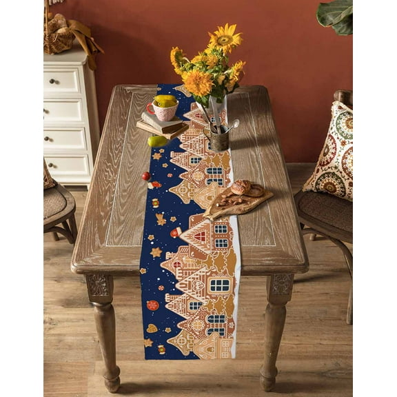Gingerbread Snowman Christmas Tree Gift Table Runner Cotton Lin Wedding Table r Tablecloth Kitch r Table Runner