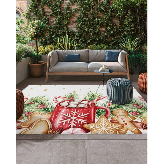 Gingerbread Star Candy Cane Outdoor Rug, Holly Berry Hot Cocoa ...