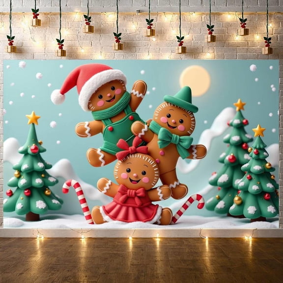 Gingerbread Theme Christmas Banner Christmas Tree Design Gingerbread Man Banner Candy Cane Pattern Snowflake Decoration Holiday Banner for Christmas Party Family Gathering Holiday Celebration
