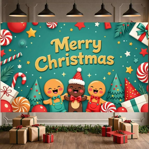 Gingerbread Theme Christmas Banner Christmas Tree Design Merry Christmas Banner Candy Cane Pattern Gift Box Decor Xmas Banner for Christmas Party Holiday Celebration Home Decoration