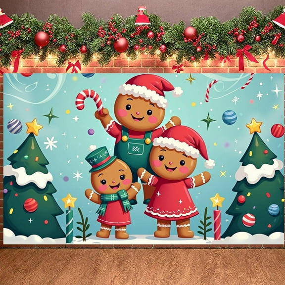 Gingerbread Theme Christmas Banner Santa Hat Design Xmas Backdrop Candy Cane Pattern Christmas Tree Decor Gingerbread Display for Christmas Party Family Celebration Holiday Photo Shoot