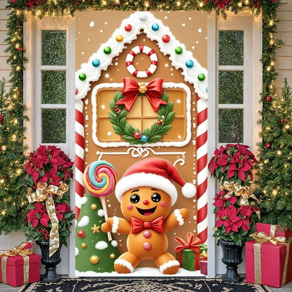 Gingerbread Theme Gingerbread Banner Christmas Wreath Christmas Display Colorful Candy Red Bow Holiday Backdrop for Christmas Party Holiday Decoration Xmas Celebration
