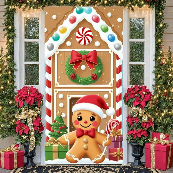 Gingerbread Theme Gingerbread Banner Christmas Wreath Christmas Display Colorful Candy Red Bow Holiday Backdrop for Christmas Party Holiday Decoration Xmas Celebration