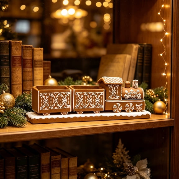 Gingerbread Train Decor, 7.87 Inch Resin Christmas Ornament, A Brown and White Locomotive with Icing Style Sculpted Details, Icing Detail Locomotive for Mantel Shelf and Table Display