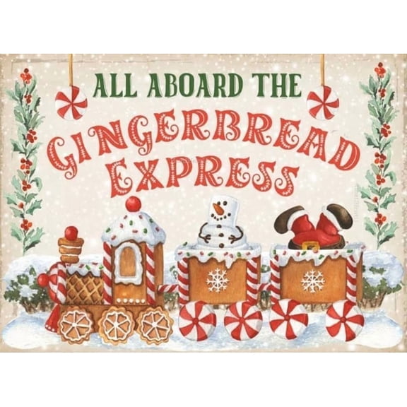 Gingerbread Train Sign, Wall Decor, Gingerbread Cookies Sign, Christmas Party Sign Decor, Sweet Treats Metal Tin Sign for Home Cafe Bar Coffee Dcor 8x12 inches