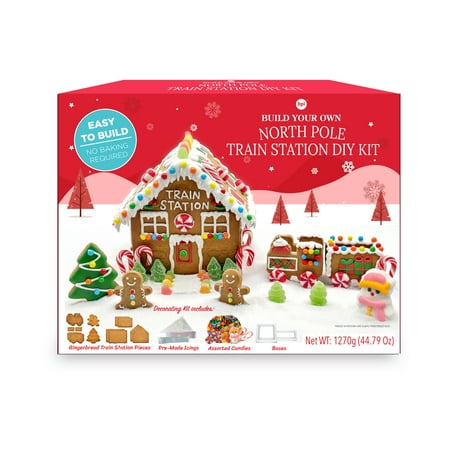 Pre-Built Gingerbread Christmas Train Station DIY Kit, Ready to Decorate, 44.79 oz