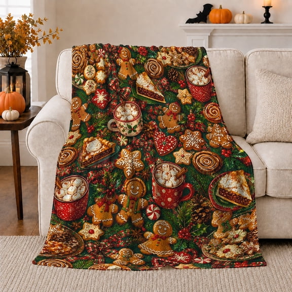 Gingerbread Treats with Cocoa Cups, Cozy Christmas Style for Sweet Lovers, Holiday Bakery Motif and Christmas Gift, Cozy Flannel Blanket for Kitchen Nook and Living Room, Home Decor