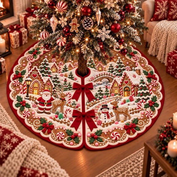 Victorian Santa Deer Christmas Tree Skirt, Round Velvet Holiday Tree Base Cover