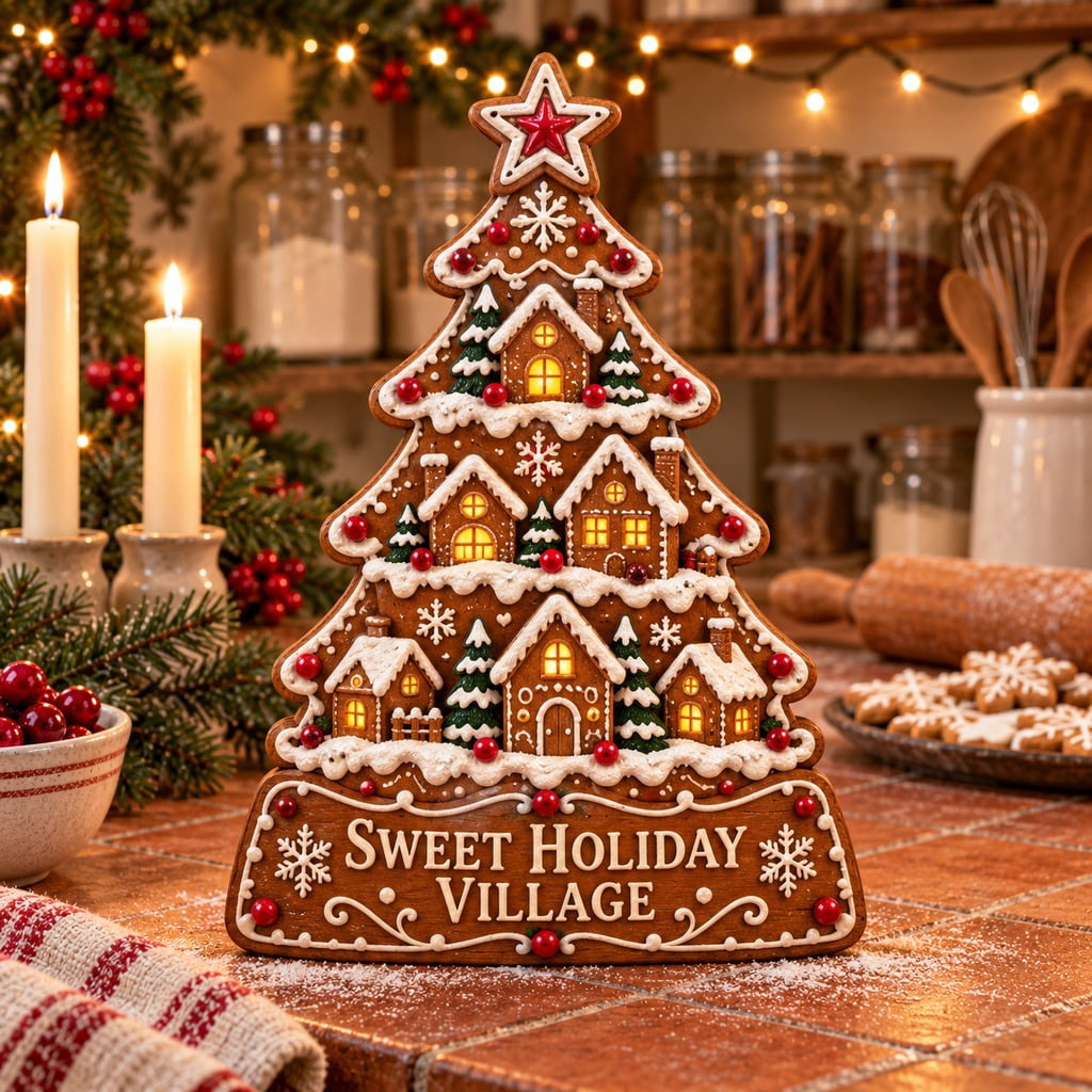 Gingerbread Village Christmas Tree Wooden Block 3 Layer Kitchen Decor ...