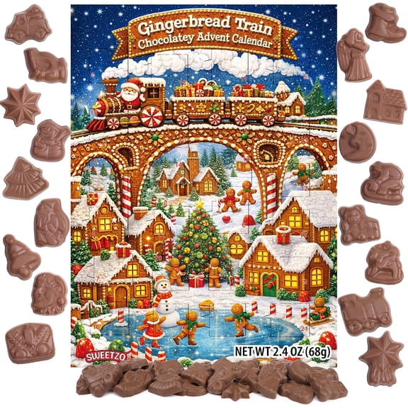Gingerbread Village Train Advent Calendar, 24 Chocolatey Candies Inside, Holiday Activity, 2.4 Ounces