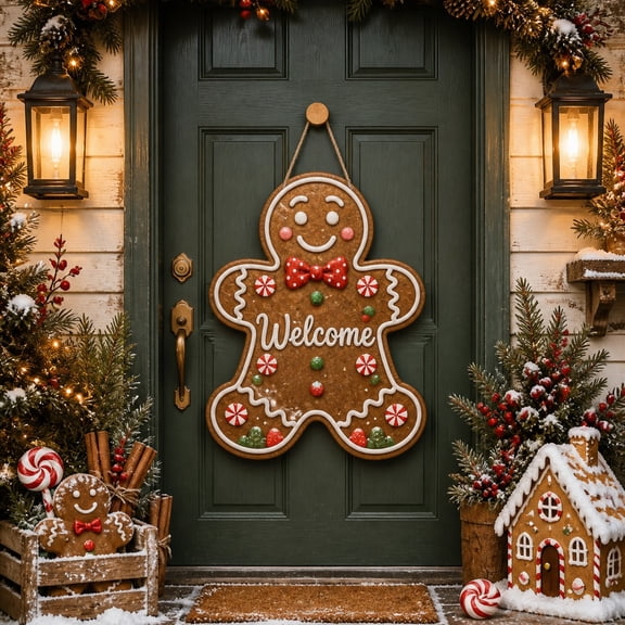 Gingerbread Welcome Wooden Door Sign for Holiday Entryway Decor