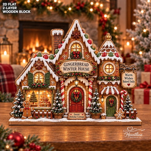 Gingerbread Winter House 2-Layer Wooden Block Christmas Tabletop Decor