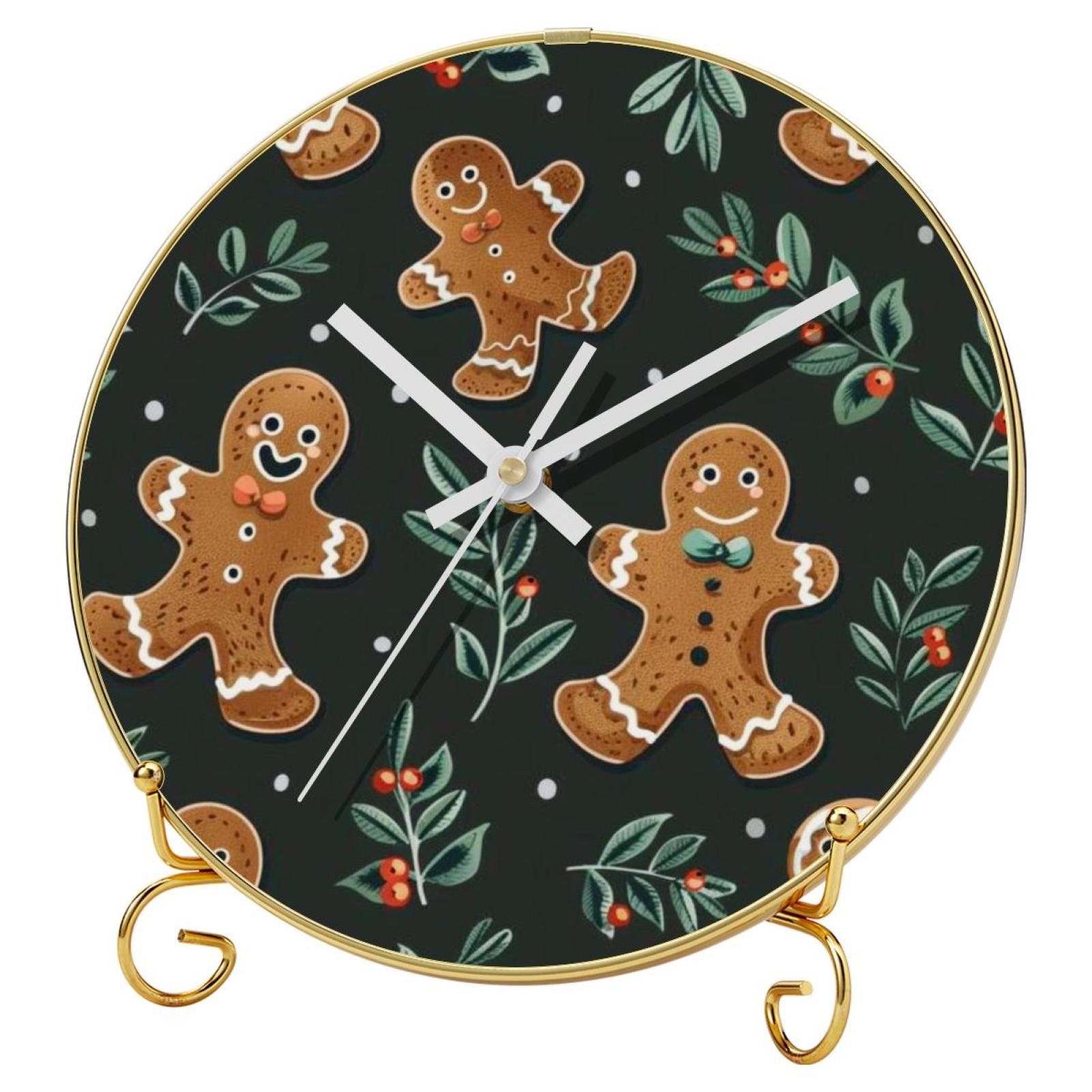 Gingerbread man Round Printed Wall Clock with Hooks and Gold Stand