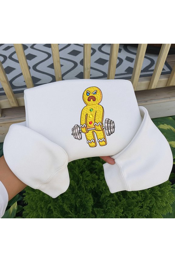 Gingerbread man lifting weights embroidery design, funny Christmas gym pattern, holiday workout stitch art, festive cookie machine file