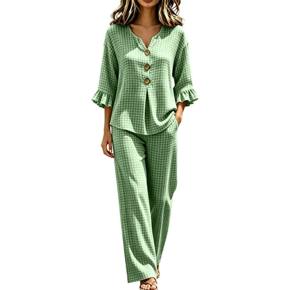 Gingham 2 Piece Set for Women Ruffle 3/4 Sleeve Notch Neck Top and Wide Leg Pants with Pockets Green 2XL
