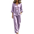 thumbnail image 1 of Gingham 2 Piece Set for Women Ruffle 3/4 Sleeve Notch Neck Top and Wide Leg Pants with Pockets Purple S, 1 of 7