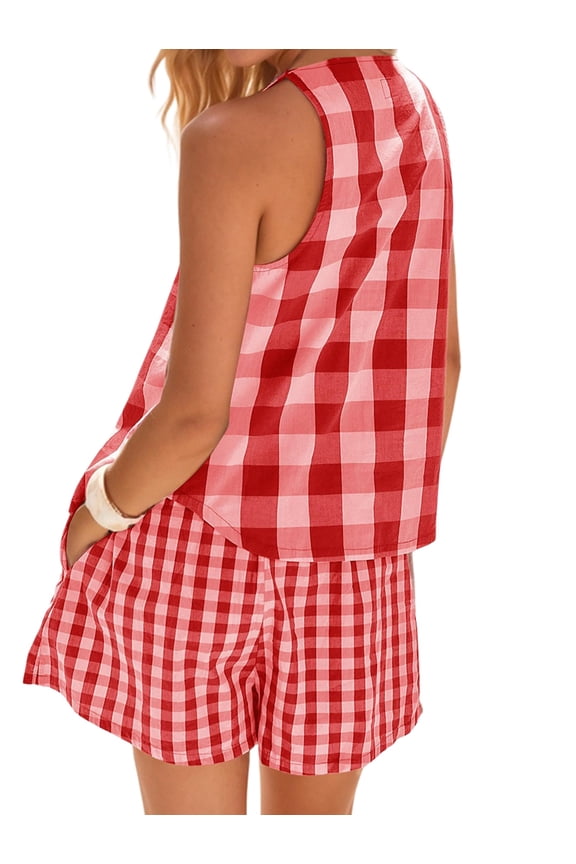 Gingham 2 Piece Sets for Women Button Down Sleeveless Tank Tops Boxer Shorts Sets Red L