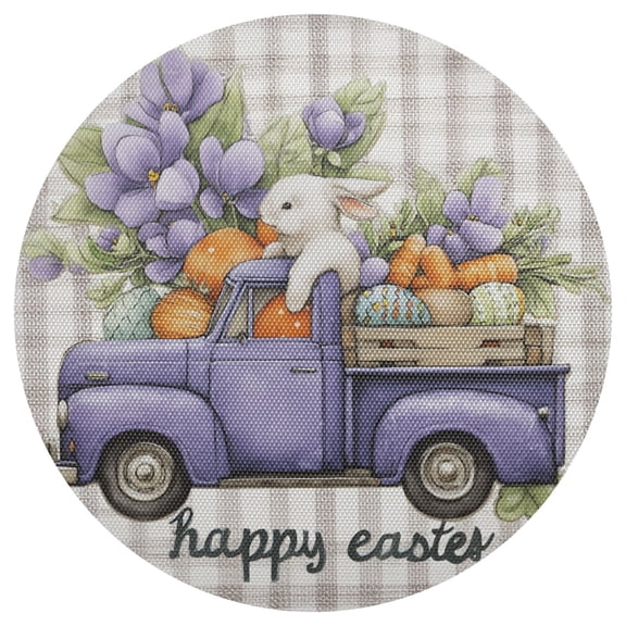 Gingham Background Easter Rabbit in Truck PVC Round Grid Placemat Table Mat 1 Pc 15.4" x 15.4"