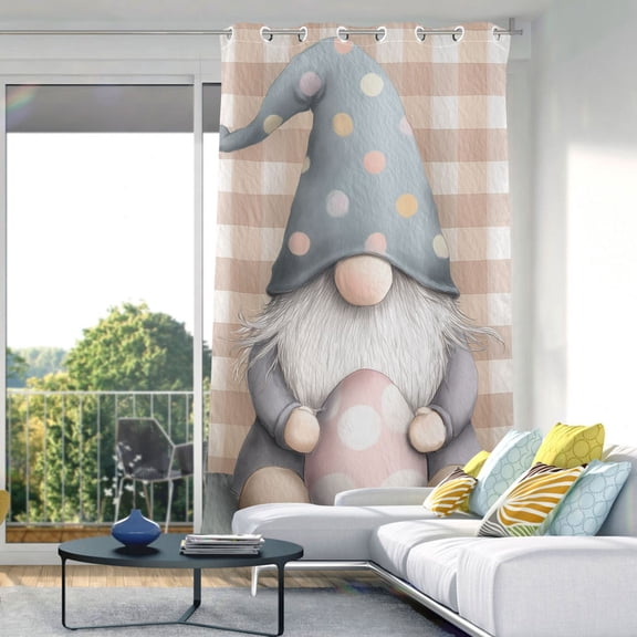 Gingham Background Gnome with Easter Egg Curtain Light Filtering Thermal Insulated Drapes with Grommets 1 Panel 84" x 52"