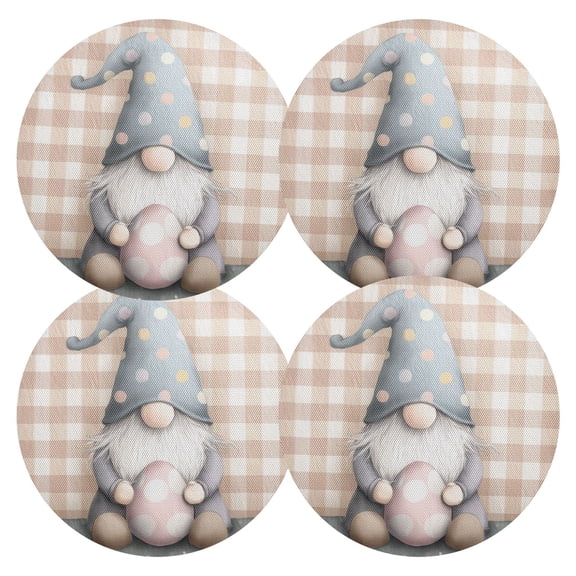 Gingham Background Gnome with Easter Egg PVC Round Grid Placemat Table Mat Set 4 Pcs 15.4" x 15.4"