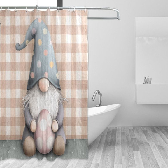 Gingham Background Gnome with Easter Egg Shower Curtains with 12 Hooks Waterproof Bathroom Decor 66" x 72"