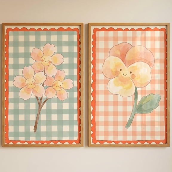 Gingham Background Smiling Flower Wall Art Watercolor Style Floral Nursery Decor Kawaii Scalloped Border Art Kids Room Botanical Print Set 2