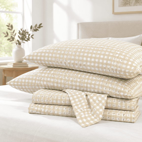 - Gingham Bed Sheets 4-piece Sheet Set Plaid Checkered Check Pattern Printed Cute Preppy College Dorm Bedding Deep Pocket Beige Q