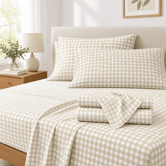 - Gingham Bed Sheets 4-piece Sheet Set Plaid Checkered Check Pattern Printed Cute Preppy College Dorm Bedding Deep Pocket Beige S