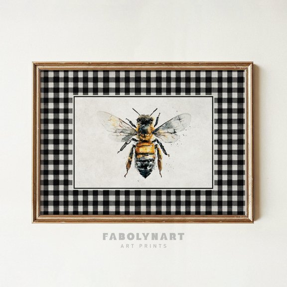 Gingham Bee Bumblebee Cottagecore Decor Insect Nursery, Unframed Poster