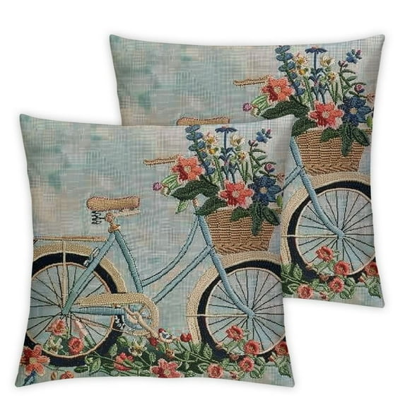 Gingham Bike Embroidered Poly Fill Throw Pillow, Square, Home Decoration