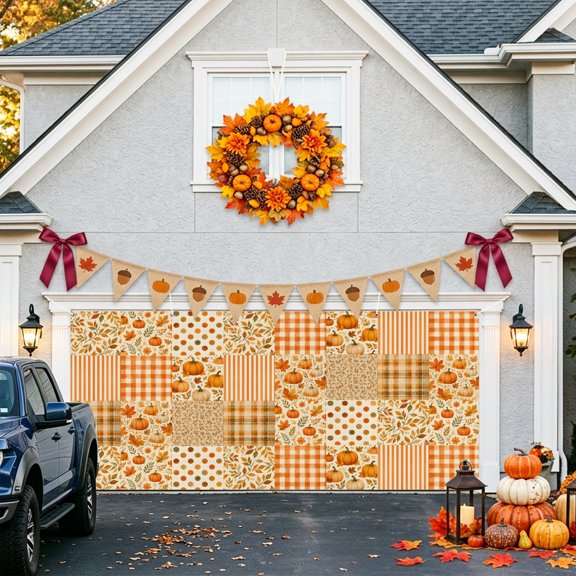 Gingham Blocks Garage Door Banner Covers, Pumpkin Orange Maple Leaf Striped Plaid Country Large Hanging Indoor/Outdoor Backdrop Background for Christmas Winter Party Decor, 6.9x16ft