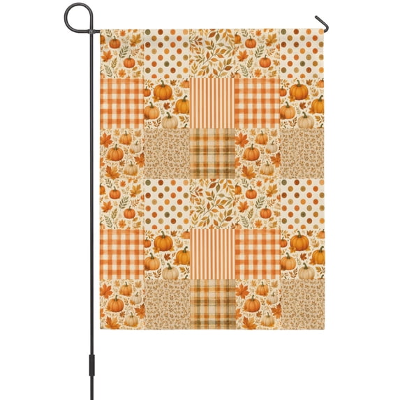 Gingham Blocks House Flag 28 x 40 Inches, Pumpkin Orange Maple Leaf Striped Plaid Country Weather Proof Outdoor Patio Flags Double Sided Small House Decoration for Yard Lawn Outside Home