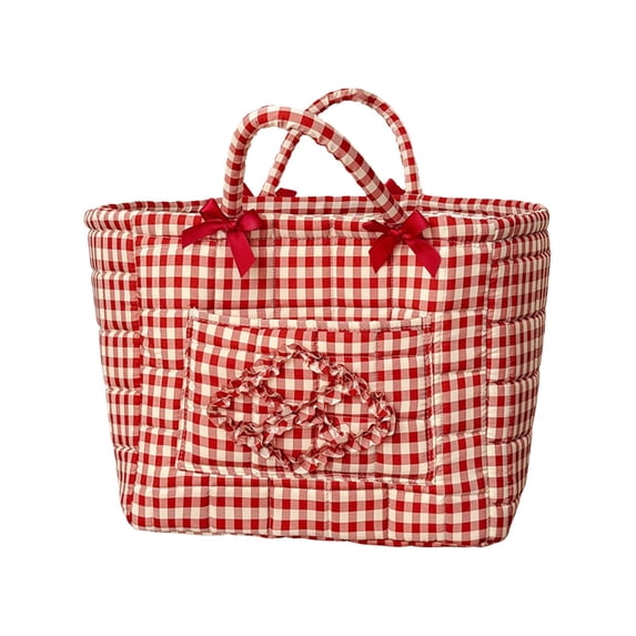 Gingham Bow Storage Basket Portable Quilted Fabric Laundry Hamper Multi‑Pocket Sundries Organizer Bin Spacious Home Storage Caddy with Handles For Bedroom Dorm Bathroom(Red-31x27x26cm)