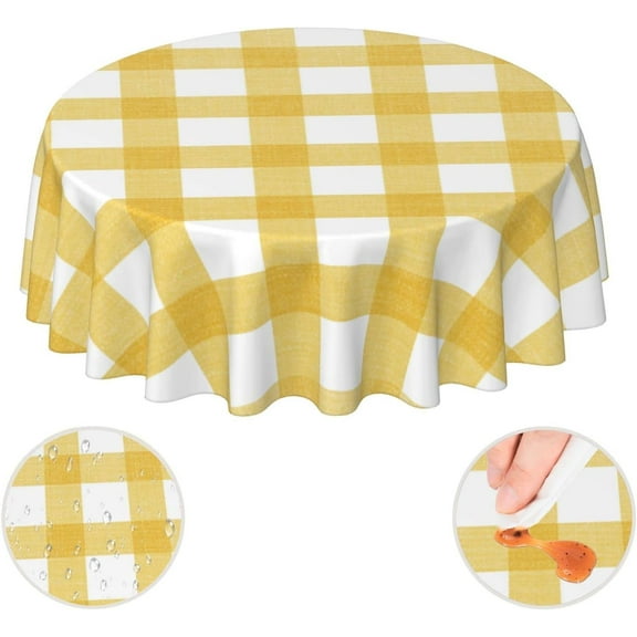 Gingham Buffalo Check Yellow and White Plaid Farm Waterproof Picnic Patio Party Round Table Cloth Cover Decorations Fabric 60 Inch Circular Tablecloth for 20-47 Inch Home Dining Room Kitchen Decor