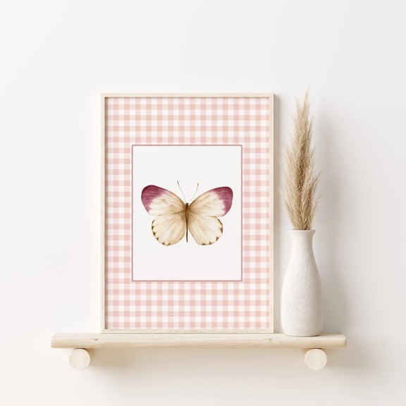 Gingham Butterfly Print Vintage Nursery Girls Room Gingham Unframed Paper Print