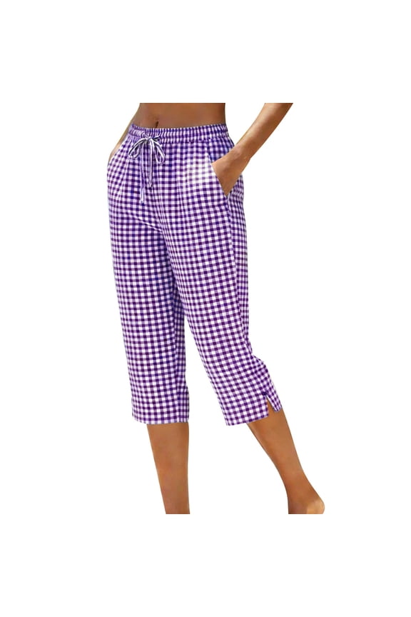 Gingham Capri Pants for Women Knee Length Straight Leg Elastic Waist Crop Pant Y2K Beach Bottom with Pockets