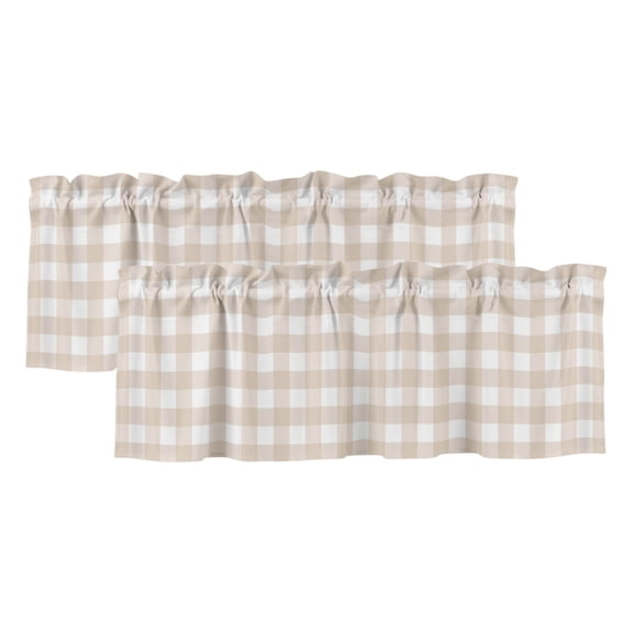 Gingham Check 2 Panels Kitchen Valance, Minimalist Beige Plaid Uniform Squares Curtains Valances for Small Windows Rod Pocket Window Treatments for Living Room Bedroom 42" W x 12" L