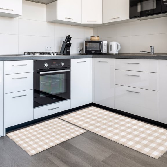 Gingham Check 2 Pieces Non-Slip Kitchen Mat Set, Minimalist Beige Plaid Uniform Squares Soft Door Mat with Rubber Backing, Dirtproof Rugs for Entrance Doorway, 23.6x35.4in+23.6x70.9in
