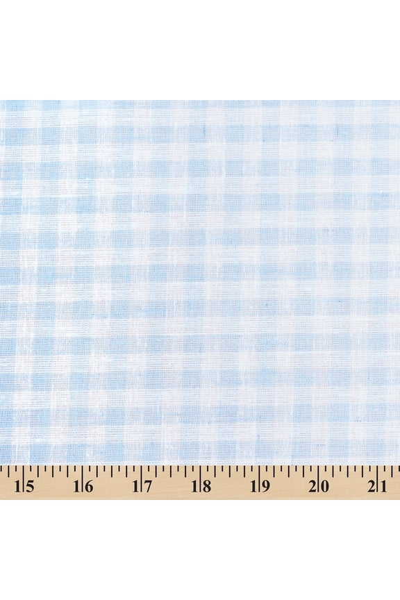 Gingham Check Linen-Look Polyester Cotton 58" Fabric By The Yard - Light Blue / White
