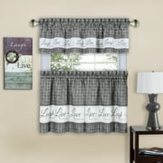 Gingham Check Live~Laugh~Love Complete 3 Pc. Kitchen Curtain Tier & Valance Set - Gray, 24 in. Long