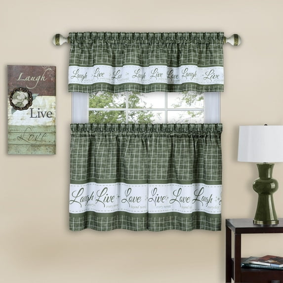 Gingham Check Live~Laugh~Love Complete 3 Pc. Kitchen Curtain Tier & Valance Set - Green, 36 in. Long