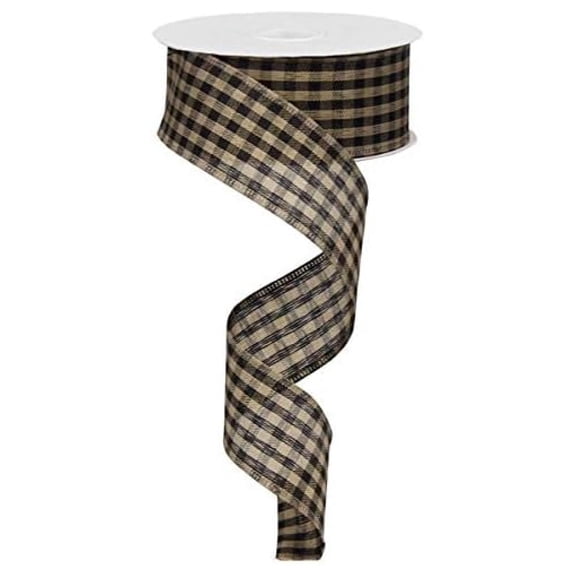 Gingham Check Ribbon 1.5 Inch - Black & Tan Wired Ribbon 50 Yards