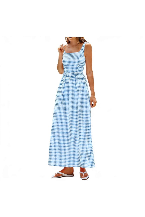 Gingham Check Sundress for Women Square Neck Spaghetti Strap Maxi Dress Summer Sleeveless High‑Waist A‑Line Dress