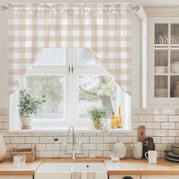 Gingham Check Swag Valance for Windows, Minimalist Beige Plaid Uniform Squares Swag Curtains Valances for Small Window Treatment Rod Pocket for Kitchen Bathroom 1 Panel 56x36in