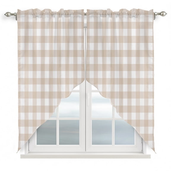 Gingham Check Swag Valances for Windows 2 Pack Minimalist Beige Plaid Uniform Squares Swag Kitchen Curtains 36 Inches Long Rod Pocket Short Window Treatment for Kitchen Bathroom 36"x36"