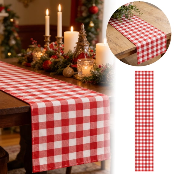 Gingham Check Table Runner Cotton Linen Red Burgundy Checkered, 13x108 Inches Long Farmhouse Table Runner for Kitchen Dining Table Decoration, for Home Events & Thanksgiving