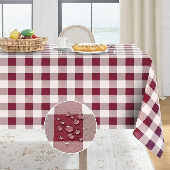 Gingham Checkered Rectangle Tablecloth - Waterproof Buffalo Plaid Table Cloth Stain Resistant Washable Polyester Table Cover for Holiday/Dining/Party - Burgundy and White, 60 x 120 Inch